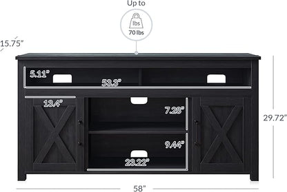 BELLEZE 58 Inch TV Stand, Contemporary Entertainment Center for TVs up to 65", Wood Media Console Table with Two Open Shelves and Barn Door Cabinets - Corin (Rustic Grey)