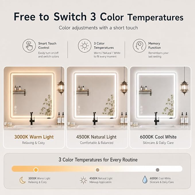 30" x 36" Led Bathroom Mirror with Lights, Anti-Fog & Tri-Color Lighting - Wall Mounted Shaving Mirror with Touch Sensor, Waterproof & Smart LED Vanity Mirror,Tempered Glass, Dimmable Smart Mirror