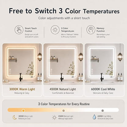 30" x 36" Led Bathroom Mirror with Lights, Anti-Fog & Tri-Color Lighting - Wall Mounted Shaving Mirror with Touch Sensor, Waterproof & Smart LED Vanity Mirror,Tempered Glass, Dimmable Smart Mirror