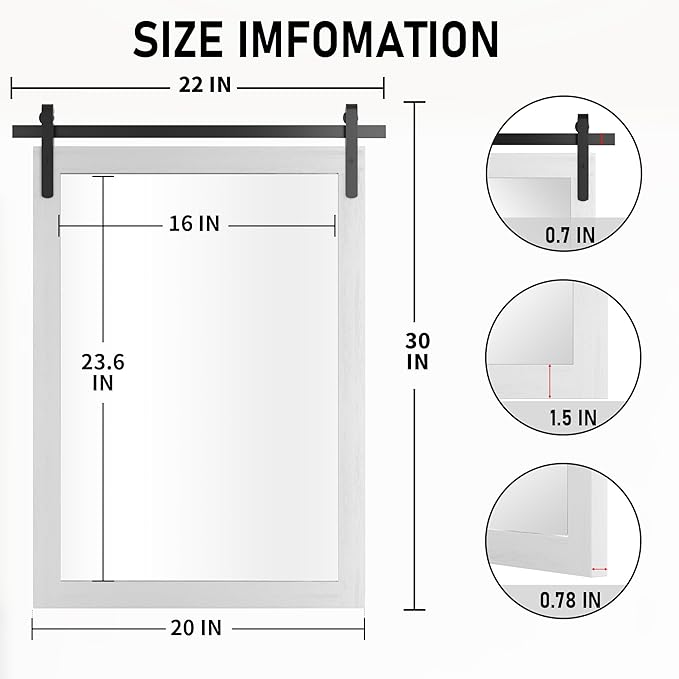 Farmhouse Mirror for Bathroom, White Rustic Vanity Mirror Wood Framed Decrative Mirrors, Barn Door Style Decor Entryway Bedroom 22x30INCH Horizontal