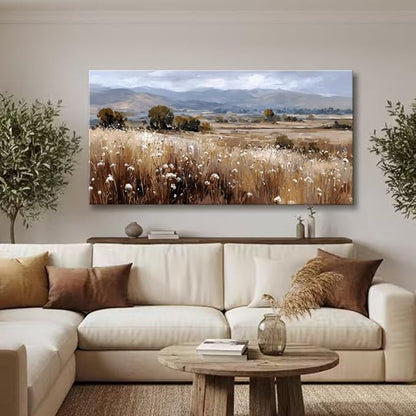 BQVCT Rustic Landscape Canvas Wall Art 20x40 Inch Field with Wildflowers and Mountains Giclee Print on Stretched Canvas, Nature Scenery Wall Decor for Living Room, Bedroom, Office