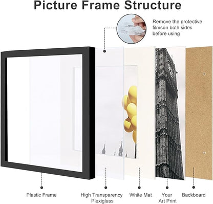 8x8 Picture Frame Set of 6, Display Pictures 4x4 with Mat or 8x8 Without Mat, Tabletop Display and Wall Hanging Photo Frame, Collage Wall Decor Gallery Wall Frame Set, Black
