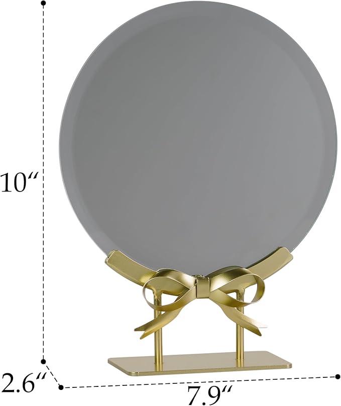 Golden Round Makeup Mirror with Bow Stand - Detachable Base French-Inspired Elegant Tabletop Luxury Vanity Mirror for Living Room, Bedroom, 7.95 x 10.04 Inches