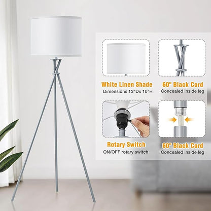 Tripod Floor Lamp Silver, 61”Tall Floor Lamps, Standing Lamp with Rotary Switch, Modern Floor Lamp Simple Design with White Shade, Floor Lamps for Living Room, Bedroom, Office, Without Bulb