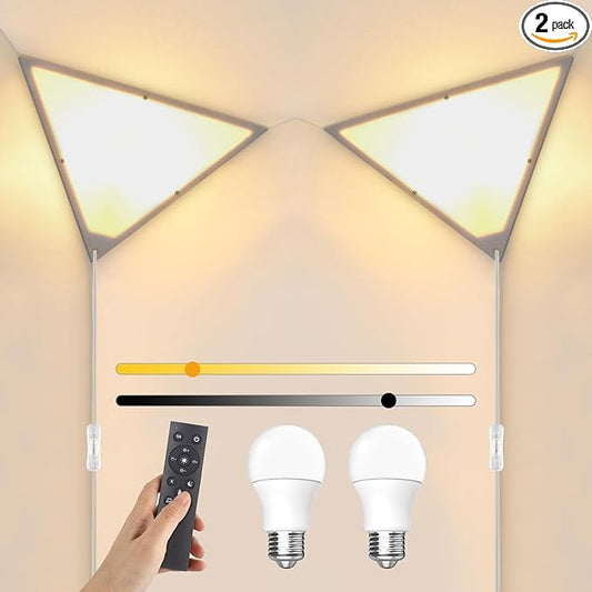 2 Pack Corner Light with 9W LED Bulb and Remote, 3 Color Temperature Corner Lamp, Dimmable Plug in Pendant Light with Acrylic Shade, Plug in Ceiling Light for Living Room, Bedroom