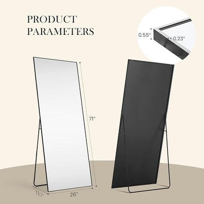 DUMOS Full Length Mirror with Stand 70.4"x25.6" Floor Standing Aluminum Frame for Bedroom Body Hanging Leaning Modern Simple Home Decor Shatter-Proorf Nano Glass Wall Living Room Cloakroom Black