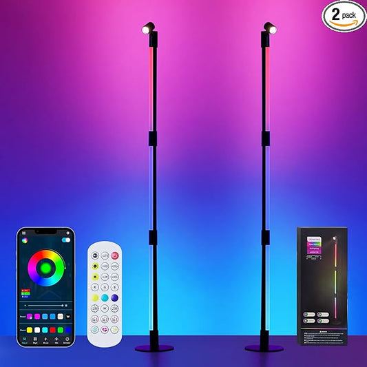 SANBEN Corner Floor Lamp - 2 Pack Black RGB LED Floor Lamp with Music Sync and 16 Million DIY Colors, App & Remote Control, Color Changing Modern Smart Corner Lamp for Bedroom Living Room