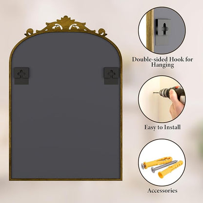 Koonmi Vintage Mirror, 26x38 Wall Mounted Vanity Mirror, Tempered Glass, Detachable Flower Head, Bronze Antique Decorative Mirror for Bathroom Entryway Fireplace Living Room Hallway