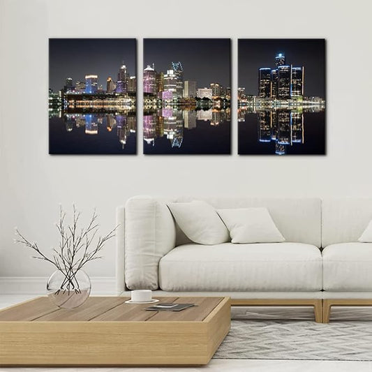 Pacimo 3 Pieces Panoramic Detroit Cityscape Picture Black and White Michigan Night Skyline Canvas Art Prints Wall Decoration for Bedroom Office Stretched and Framed Ready to Hang - 12" x 16" x 3