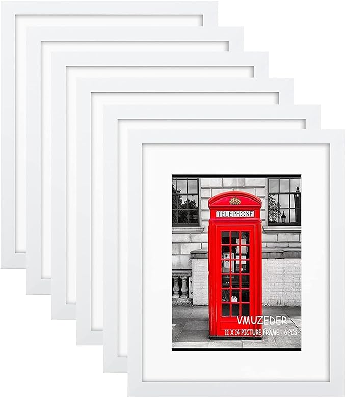 11x14 Picture Frame Rustic White Set of 6,Display Pictures 8x10 with Mat or 11x14 Without Mat,Multi Photo Frames Collage for Wall or Tabletop Display