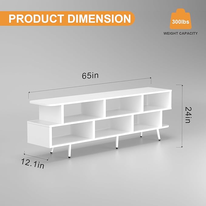 Lightdot 65 Inch TV Stand, up to 75 Inch TVs, Large Storage for Collection with 8 Open Shelves, Sturdy Media Console Table for Living Room/Entrance/Kitchen/Sofa Cabinet, Easy Assembly, White