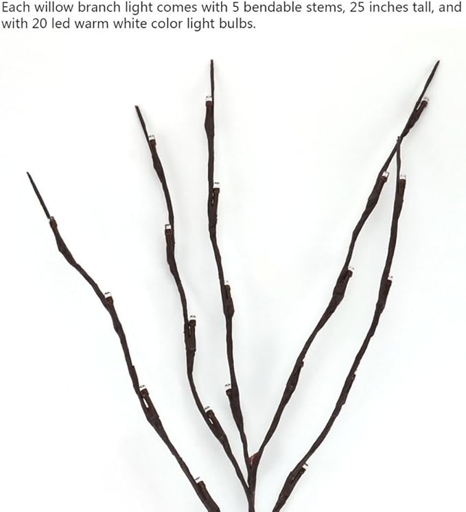 3 Pack Warm White Lighted Twig Branches 60 LED Lights Artificial Tree Willow Branches Lamp for Home Holiday Party Decoration Decor Battery Operated