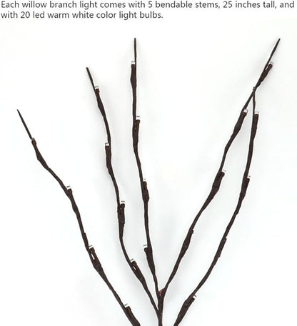 3 Pack Warm White Lighted Twig Branches 60 LED Lights Artificial Tree Willow Branches Lamp for Home Holiday Party Decoration Decor Battery Operated