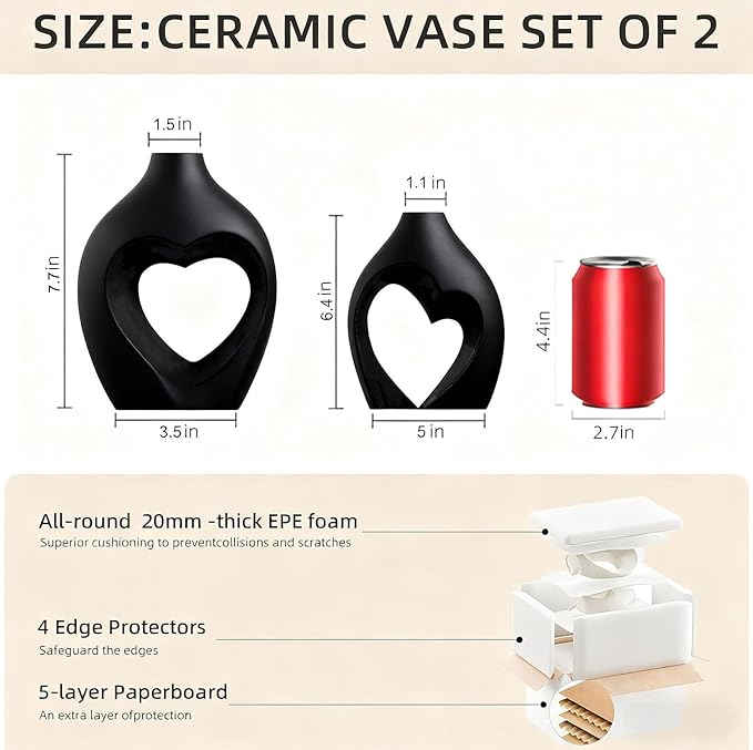 Zormon Black Vases for Decor, Heart Shaped Ceramic Vase Set of 2, Nordic Heart Shaped Vases, Minimalist Decorative Vase for Table Centerpiece Wedding Dining Living Room Office House Decoration