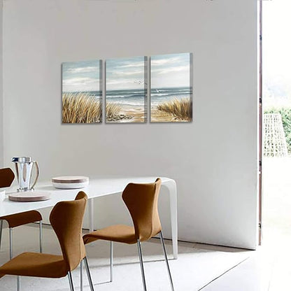 Abstract Beach Picture Wall Art: Coastal Grass Seascape Artwork Print on Canvas for Walls (12”x16”x3pcs)