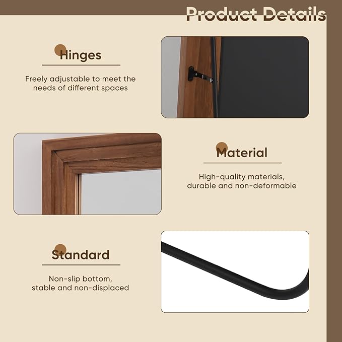 Full Length Mirror, 71"x32" Wooden Mirror Full Length with Stand Wood Floor Mirror, Oversized Stand Up Mirrors Large Wall Mirrors, Wall Mounted Mirrors, Rect Wood Style, Brown