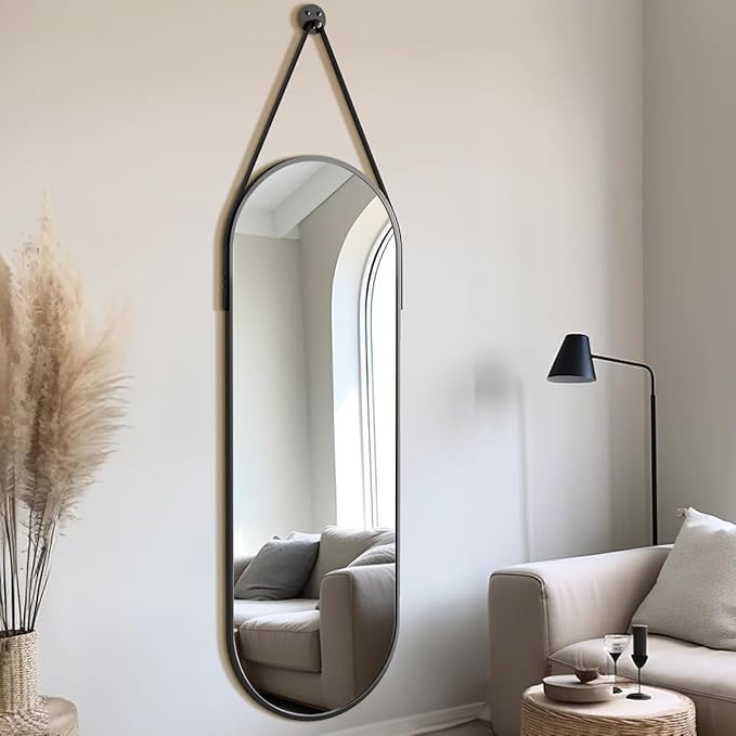 Dewfig 16"x48" Oval Full Length Mirror with Leather Strap Hanging Mirror with Aluminum Frame, Oval Wall-Mounted Mirrors for Living Room Bedroom Entryway Décor, Black