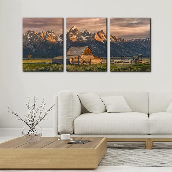 Pacimo Country Paintings for Wall Grand Canyon Picture Art Nature Landscape Artwork 3 Pieces Log Cabin Modern Wall Art Giclee Home Decorations for Living Room Framed Ready to Hang - 12" x 16" x 3