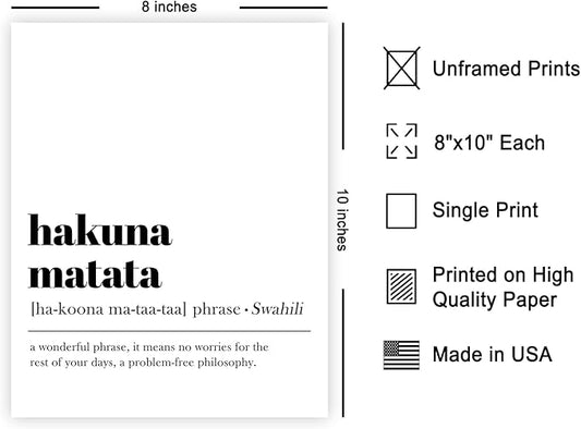 Poster Master Typography Poster - Definition of Hakuna Matata Print - Dictionary Art - Motivational Gift for Him & Her - Inspiring Wall Decor for Bedroom or Living Room - 8x10 UNFRAMED Wall Art