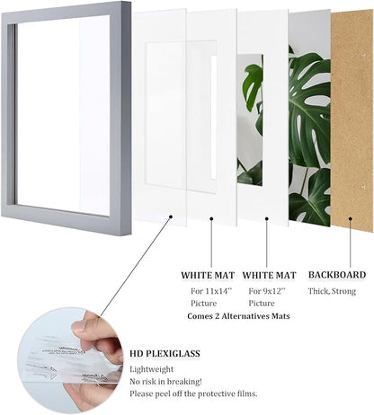 Egofine 12x16 Picture Frames with Plexiglass, Display Pictures 9x12/11x14 with Mat or 12x16 Without Mat Set of 4 for Wall Mounting,Light Grey