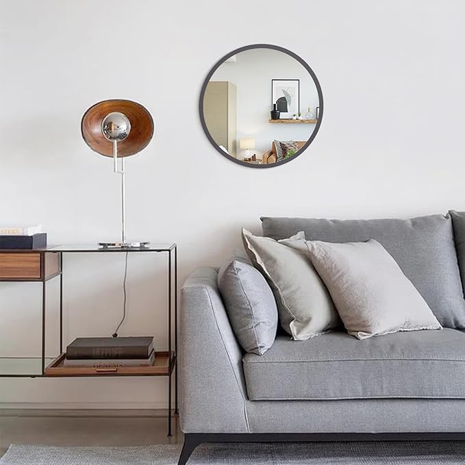 JJUUYOU Circle Wall Mirror 16 Inch Round Wall Mirror for Bathroom Farmhouse Gray Circular Mirrors Washroom Wall Decor Wood Frame Mirrors for Living Room Bedroom Dorm Decorative