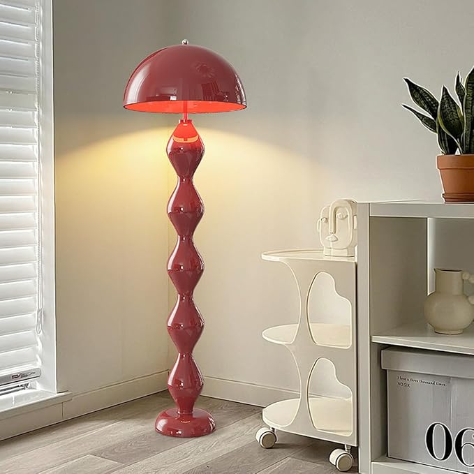 Red Mushroom Floor Lamp with Metal Lampshade,Adjustable 3-Color Temperature Reading Lamp,Nordic Style Standing Lamp for Nursery Bedroom and Living Room