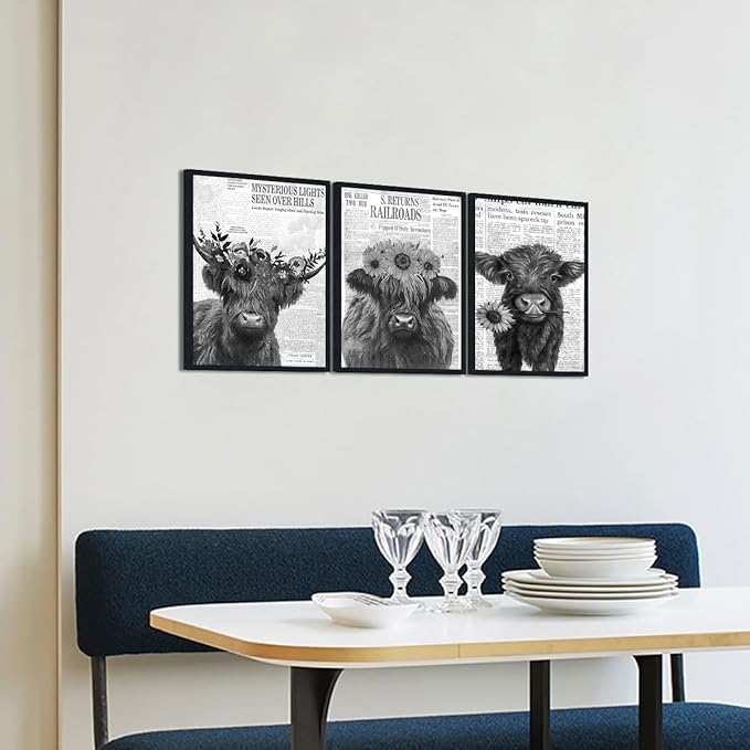 Retro Funny Cow 3 Piece Canvas Wall Art Vintage Newspaper Hairy Cow Poster Rustic Farmhouse Floral Animal Framed Wall Decor for Kitchen Bedroom Country House Decor Easy to Hand 12x16inchx3pcs