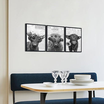 Retro Funny Cow 3 Piece Canvas Wall Art Vintage Newspaper Hairy Cow Poster Rustic Farmhouse Floral Animal Framed Wall Decor for Kitchen Bedroom Country House Decor Easy to Hand 12x16inchx3pcs
