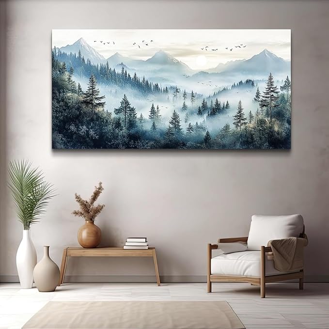 FUHAIHUA Large Wall Decor For Living Room Canvas Wall Art For Office Modern Wall Decorations For Bedroom Forest Fog Landscape Painting Mountain Pictures Artwork Room Home Decor 24x48 In