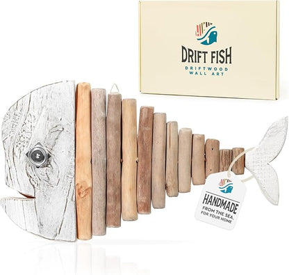 Driftwood Fish Nautical Wall Decor - Handmade Wooden Rustic Coastal Wall Art for Living Room, Bedroom, Office, Bathroom - Ocean Beach Decoration (Crystal)