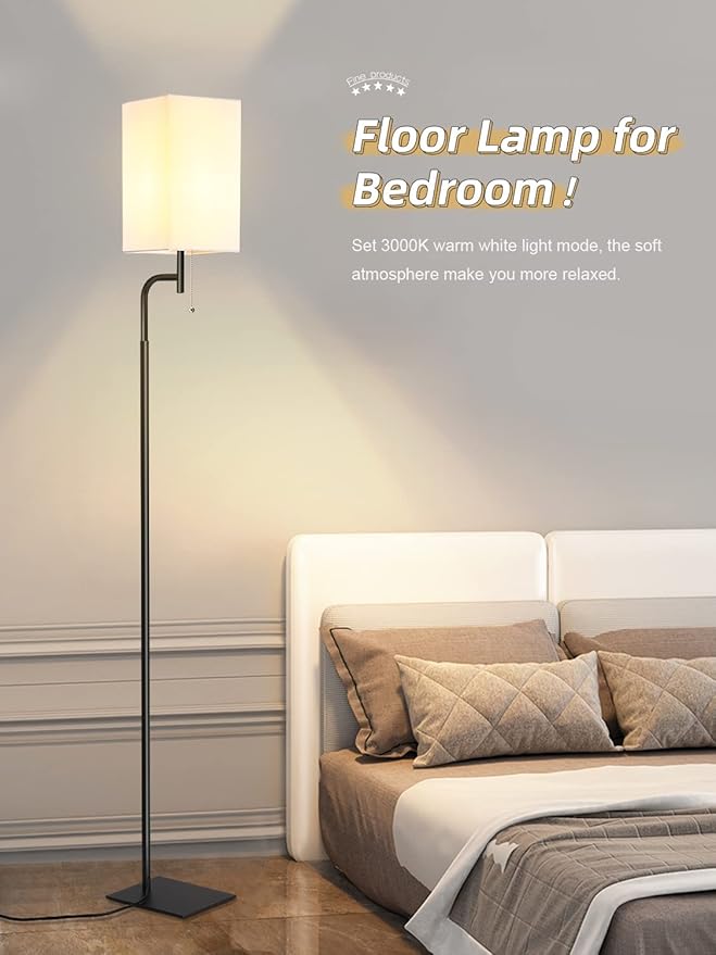 Modern Floor Lamp with 3 Color Temperatures, Square Linen Shade & Solid Iron Flat Base for Stability - Perfect for Compact Spaces Under Sofas or Behind Sectionals, Living Room, Bedroom, Office