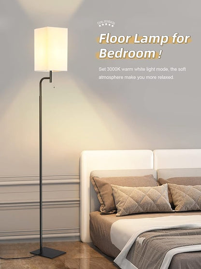 Modern Floor Lamp with 3 Color Temperatures, Square Linen Shade & Solid Iron Flat Base for Stability - Perfect for Compact Spaces Under Sofas or Behind Sectionals, Living Room, Bedroom, Office