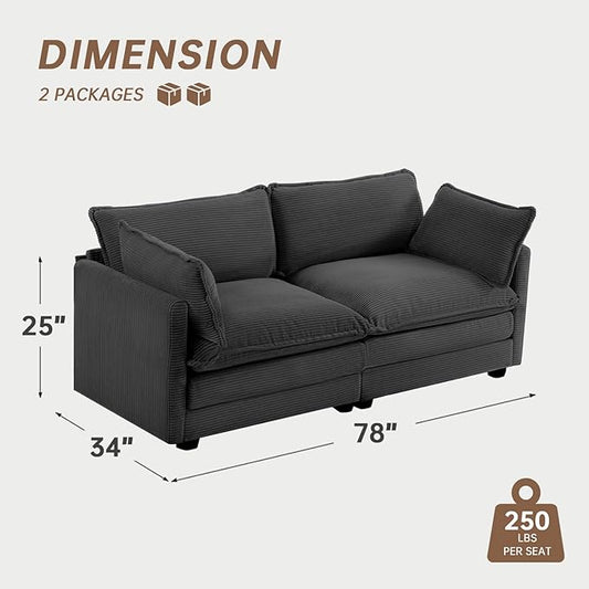 ROWHY 78'' Sectional 2 Seat Cloud Loveseat with 2 Throw Pillows, Modern Corduroy Love Seat, Convertible Cozy Sofa for Living Room, Bedroom and Office, Dark Grey
