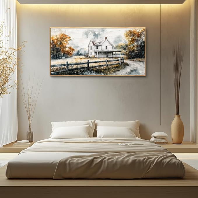 QIYILEXWART Wood Framed Large Wall Decor For Living Room Canvas Wall Art For Office Wall Decoration For Bedroom White Hut Painting Farmhouse Watercolour Picture Home Decor Artworks Ready To Hang