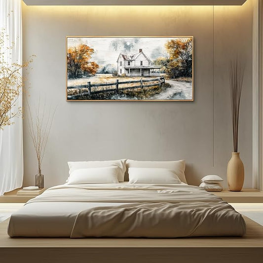 QIYILEXWART Wood Framed Large Wall Decor For Living Room Canvas Wall Art For Office Wall Decoration For Bedroom White Hut Painting Farmhouse Watercolour Picture Home Decor Artworks Ready To Hang