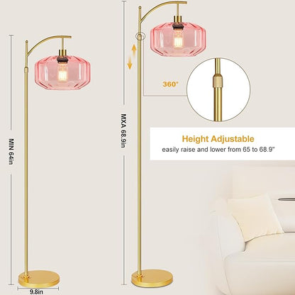 Gold Floor Lamps for Living Room Bedroom,Glass Floor Lamp with Remote Control & Pink Lampshade,Arc Dimmable Floor Lamp Mid Century Modern Standing Lamp Vintage Tall Floor Lamps for Bedroom Corner