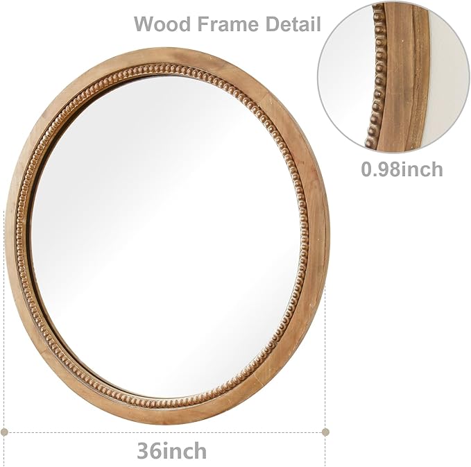 sawsile Round Wood Mirror,36 inch Circle Rustic Farmhouse Natural Wooden Frame Boho Beads Wall Mirror for Bathroom,Living Room,Bedroom or Entryway