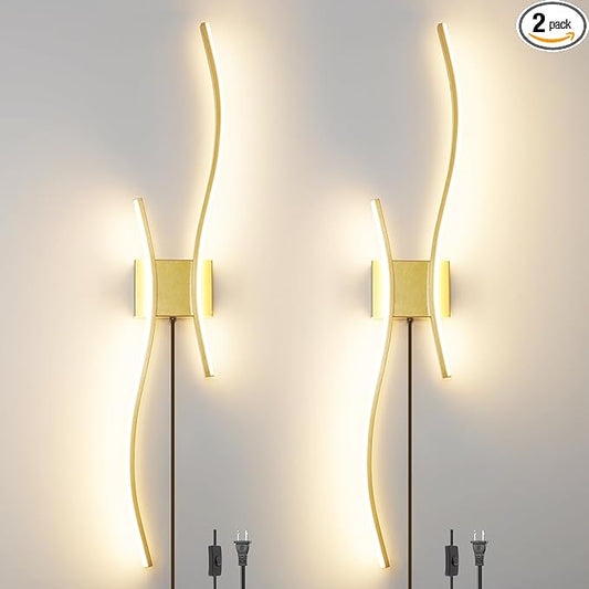 Daunton Modern Gold Plug in Wall Sconces Set of 2 - Smart Dimmable LED Wall Lights with Remote, 3CCT Adjustable & Memory Function, Timer Setting - No Wiring Needed for Living Room, Bedroom, Hallway