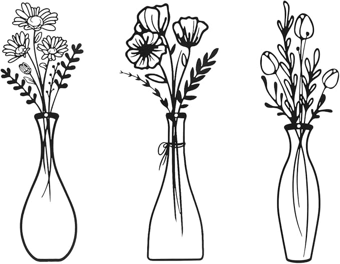 Sanwarm 3 Pieces Metal Flowers Wall Decor, Black Wall Art Decors Abstract Floral Vase Rustic Farmhouse Minimalist Hanging Decoration for Home Bathroom Living Room Bedroom Garden Office Gifts