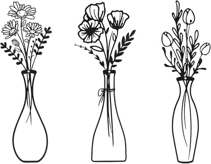Sanwarm 3 Pieces Metal Flowers Wall Decor, Black Wall Art Decors Abstract Floral Vase Rustic Farmhouse Minimalist Hanging Decoration for Home Bathroom Living Room Bedroom Garden Office Gifts