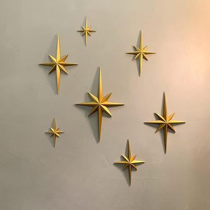 MidModArt 7PCS Mid Century Modern 3D Star Wall Art Gold Retro Starburst Sculptures Vintage Celestial Home Decor, Gold Starburst