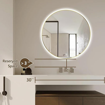 24" Round LED Bathroom Mirror, Wall Mounted Round Backlit Mirror LED Bathroom Vanity Mirror with Light Fog Free Circle Lighted Mirror with Shiny Gold Frame, Smart Light up Mirror 3-Color