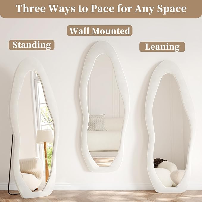 Full Length Mirror, 71"x30" Full Body Mirrors, Flannel Floor Mirrors with Stand, Irregular Wavy Mirror Hanging or Leaning Against Wall for Bedroom Living Room, Beige