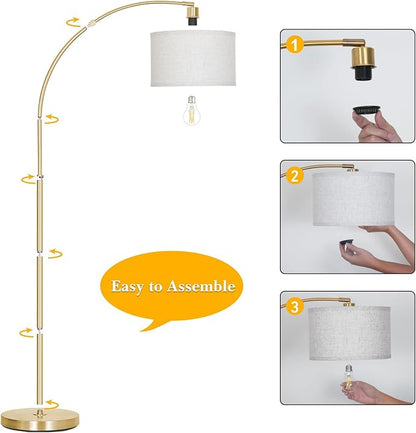 DWTB Gold Arc Floor Lamp for Living Room, Floor Lamp with Adjustable Drum Lampshade, Modern Tall Standing Lamp with Foot Switch, Over Couch Arched Pole Lamps for Reading Bedroom, 8W LED Bulb Included