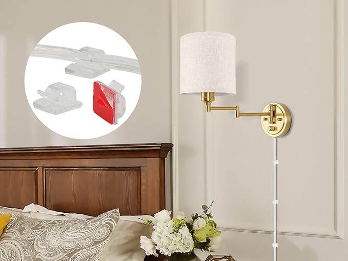 GOODATE Plug in Wall Sconces with Remote Control, Dimming & Adjustable Colors 2700K-6500K, Hardwire or Plug-in, Swing Arm Wall Lamp with Linen Fabric Shade, Wall Sconces Set of Two, Gold Finish