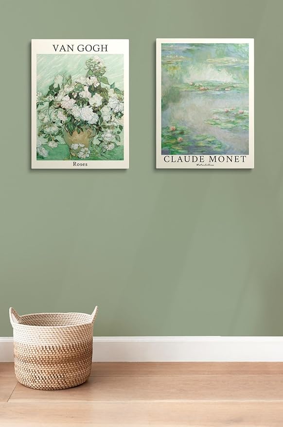 MINI ZOZI Sage Green Canvas Wall Art 16X24 Set Of 3 Matisse Van Gogh Monet Flower Prints Wall Decor Large Mid Century Modern Aesthetic Over Bed Poster Painting Master Bedroom Living Room…