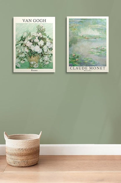 MINI ZOZI Sage Green Canvas Wall Art 16X24 Set Of 3 Matisse Van Gogh Monet Flower Prints Wall Decor Large Mid Century Modern Aesthetic Over Bed Poster Painting Master Bedroom Living Room…
