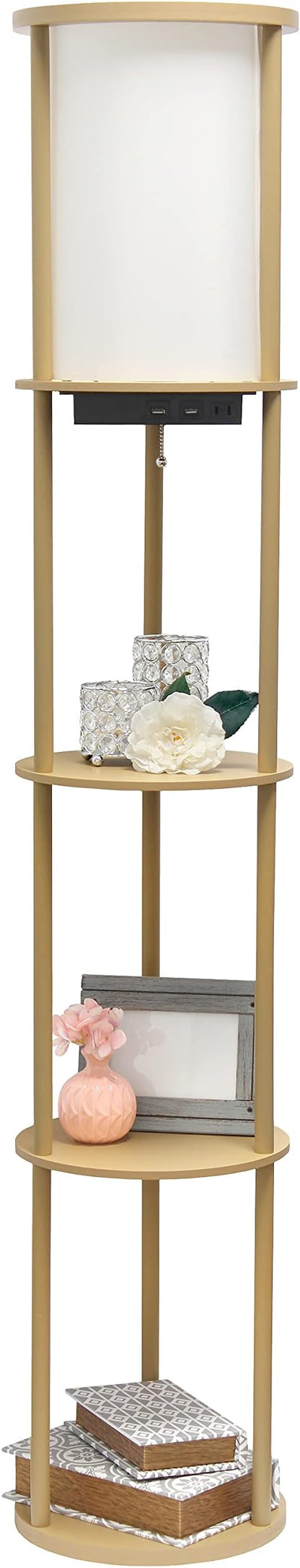 Simple Designs LF2010-TAN 62.5" Round Modern Shelf Etagere Organizer Storage Floor Lamp with 2 USB Charging Ports, 1 Charging Outlet and Linen Shade for Living Room Bedroom Office, Tan