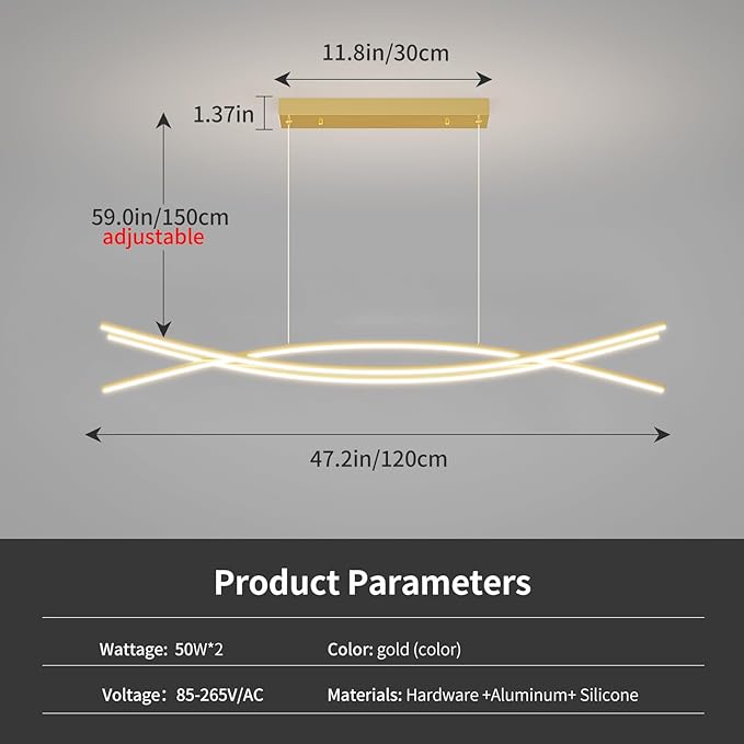 Modern Ceiling Chandelier Light, 47IN Gold Pendant Light Fixtures with Remote Control 3000k-6500K Adjustable Color Temperature, Aluminum Island Lighting Lamp for Dining Room, Living Room, Island