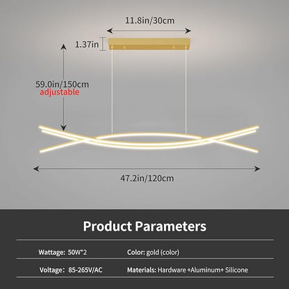 Modern Ceiling Chandelier Light, 47IN Gold Pendant Light Fixtures with Remote Control 3000k-6500K Adjustable Color Temperature, Aluminum Island Lighting Lamp for Dining Room, Living Room, Island
